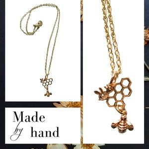 Honeycomb with Two Bees - Gold Plated Necklace
